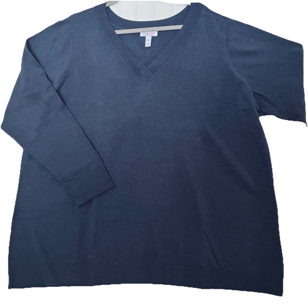 D & Co Women's V-Neck Classic Pullover Lightweight Knit Long Sleeve Navy 3X New